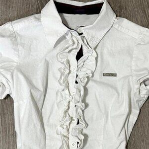 Original White Ruffle Trim Polo Collar Short Sleeve Blouse Women